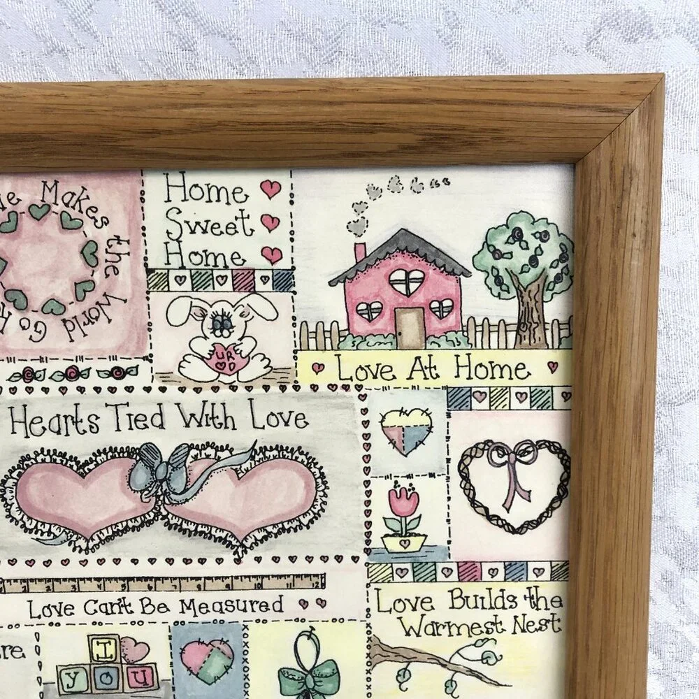 Vintage 1992 Mixed Media Love Framed Art Hand-Colored Signed 12½”x10” Wall Decor